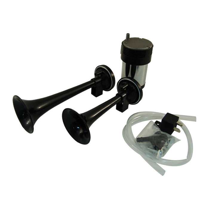 Black 12V Twin Trumpet Air Horn Set With Strong Chrome Compressor