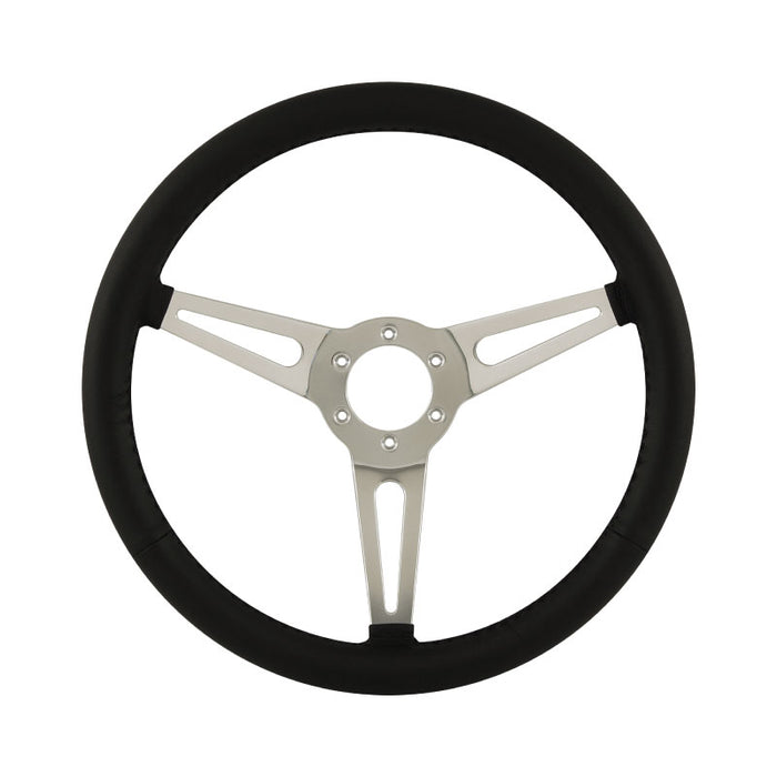 15" Aluminium 6 Bolt Steering Wheel Black Leather Full-Wrap Slotted Spokes