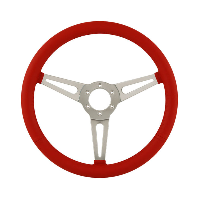 15" Aluminium 6 Bolt Steering Wheel Red Leather Full-Wrap Slotted Spokes