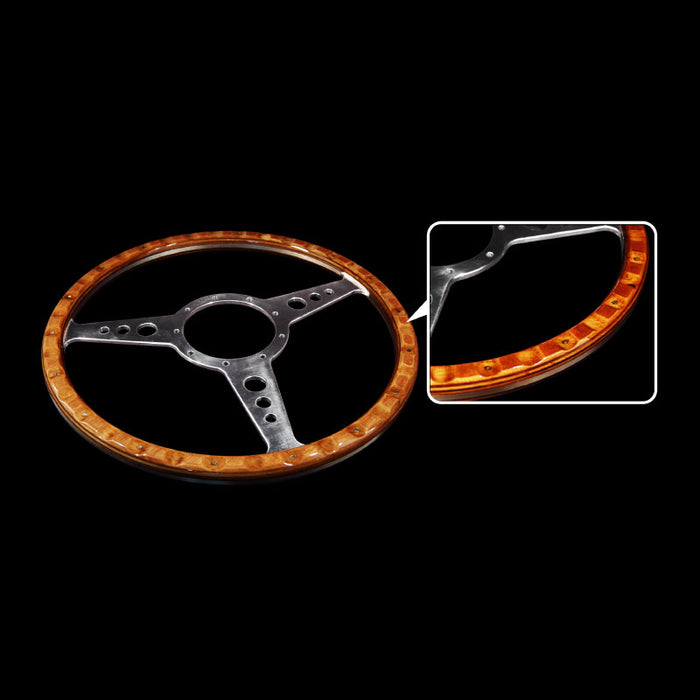 Classic 3 Spoke Flat 14" Wood Rim Steering Wheel 9 Bolt