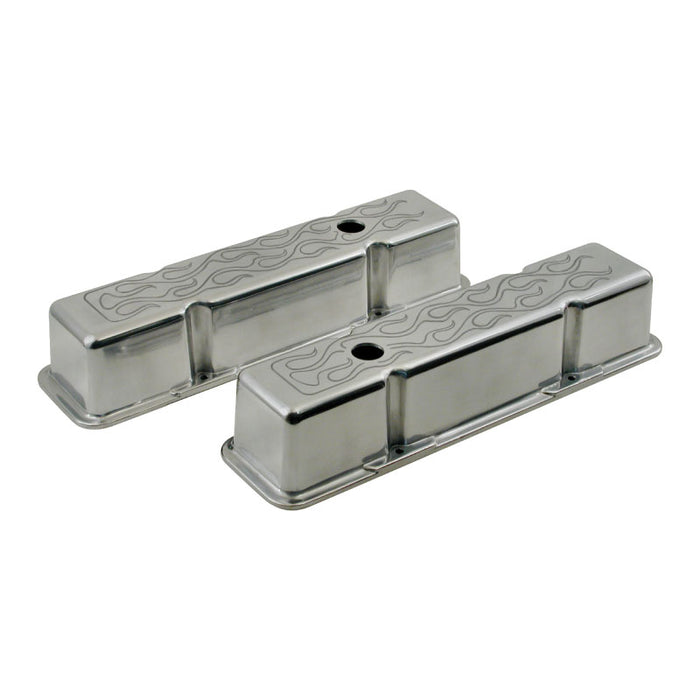 Cal Custom SB Chev Tall Valve Covers Polished Aluminium Flame Design, 327, 350