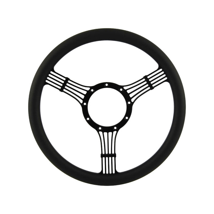 Cal Custom 14" Banjo Black Anodised Billet Aluminium Steering Wheel, Black Leather Half-Wrap