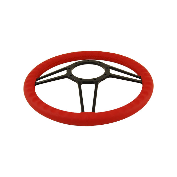 Cal Custom 14" Street Lite Black Anodised Billet Aluminium Steering Wheel, Red Leather Full-Wrap