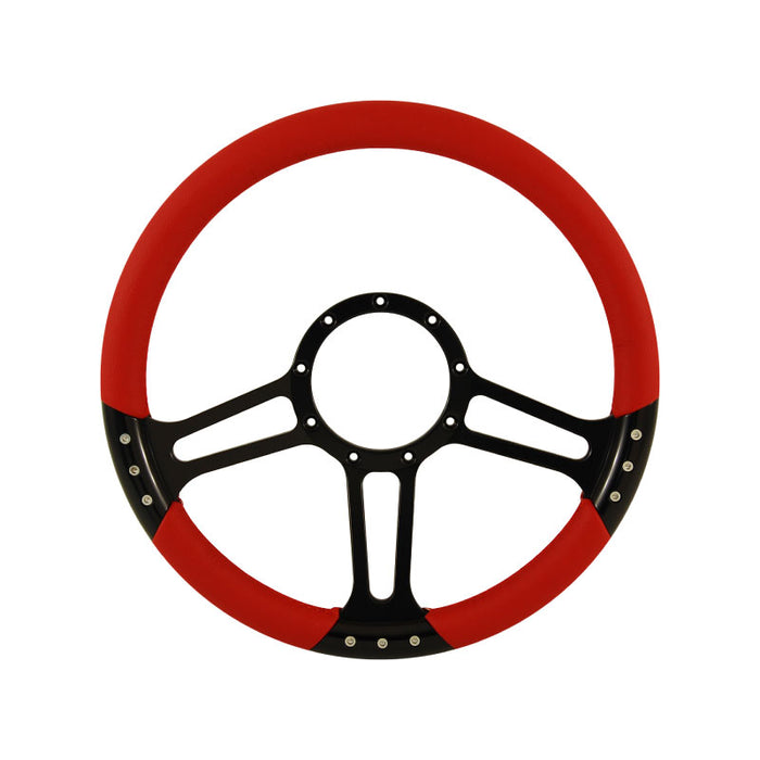 Cal Custom 14" Boost Black Anodised Billet Aluminium Steering Wheel, Red Leather Full-Wrap