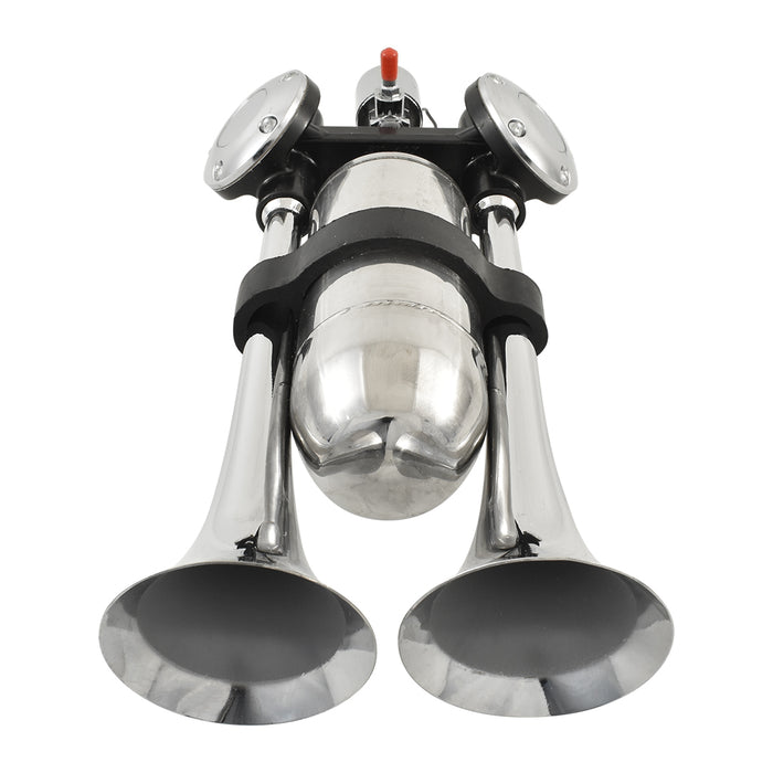 Moby Dick Twin Trumpet Echo Chamber Air Horn, Chrome, 12V 24V