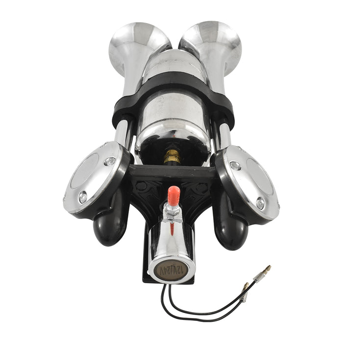 Moby Dick Twin Trumpet Echo Chamber Air Horn, Chrome, 12V 24V