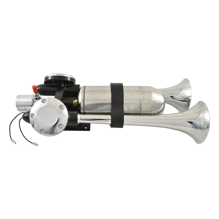 Moby Dick Twin Trumpet Echo Chamber Air Horn, Chrome, 12V 24V