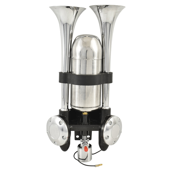 Moby Dick Twin Trumpet Echo Chamber Air Horn, Chrome, 12V 24V