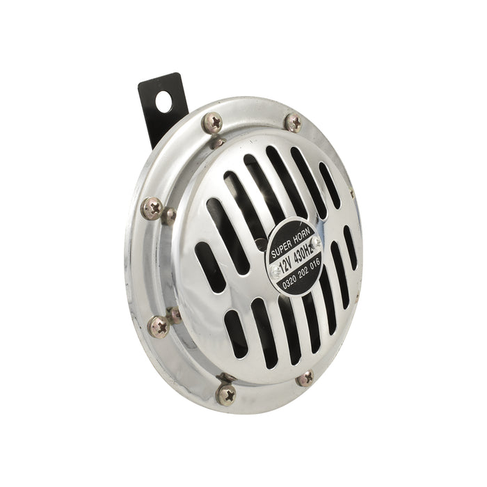 Round Disc Car Horn, High Frequency, 1950's Bosch Style, 12V, Chrome