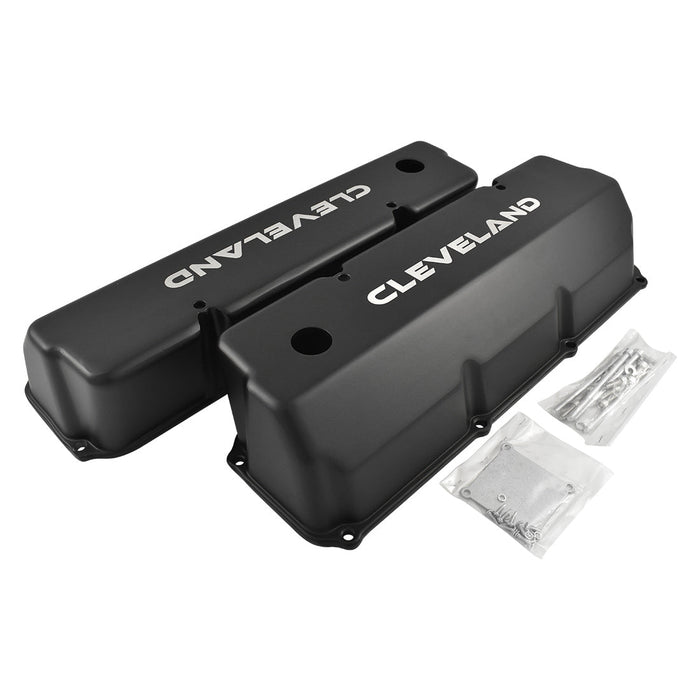 Cast Aluminium Ford Cleveland 302 351 Valve Covers, Cleveland Logo, Black