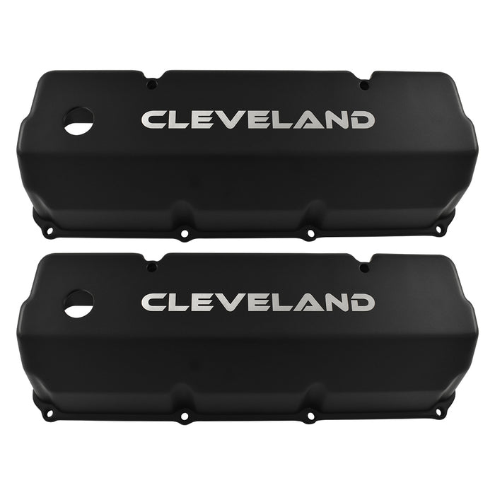 Cast Aluminium Ford Cleveland 302 351 Valve Covers, Cleveland Logo, Black