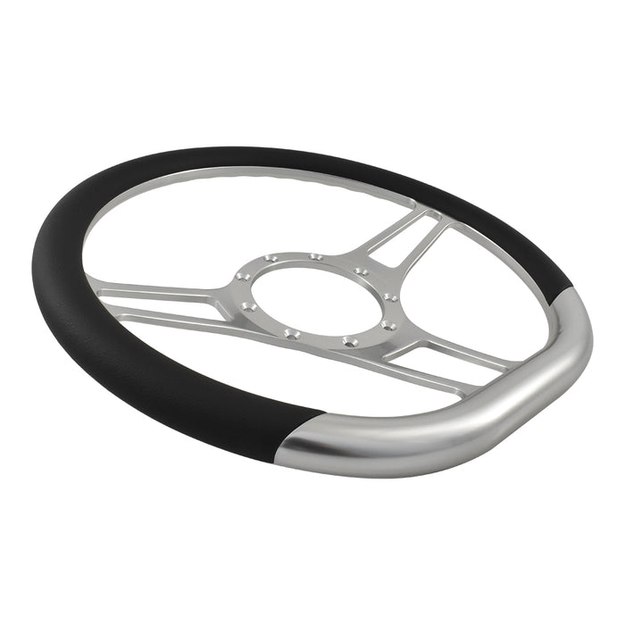 Cal Custom 14" D-Shape Billet Aluminium Steering Wheel, Black Leather Half-Wrap