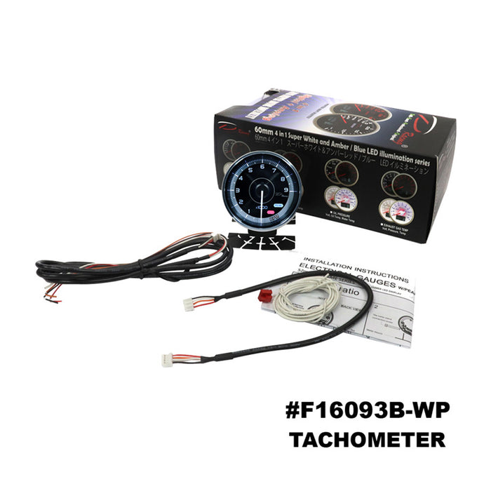 Depo Racing FS Series Tachometer 9K RPM Gauge 60mm, Peak/Warning, FS6093B-WP