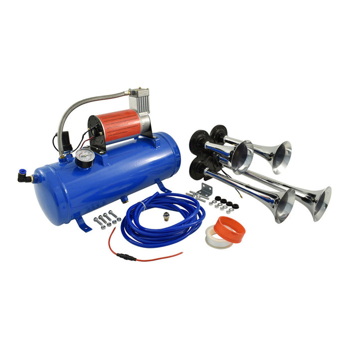 4 Trumpet Air Horn Kit W/6lt Tank & Top Mounted Compressor, 12v 130db