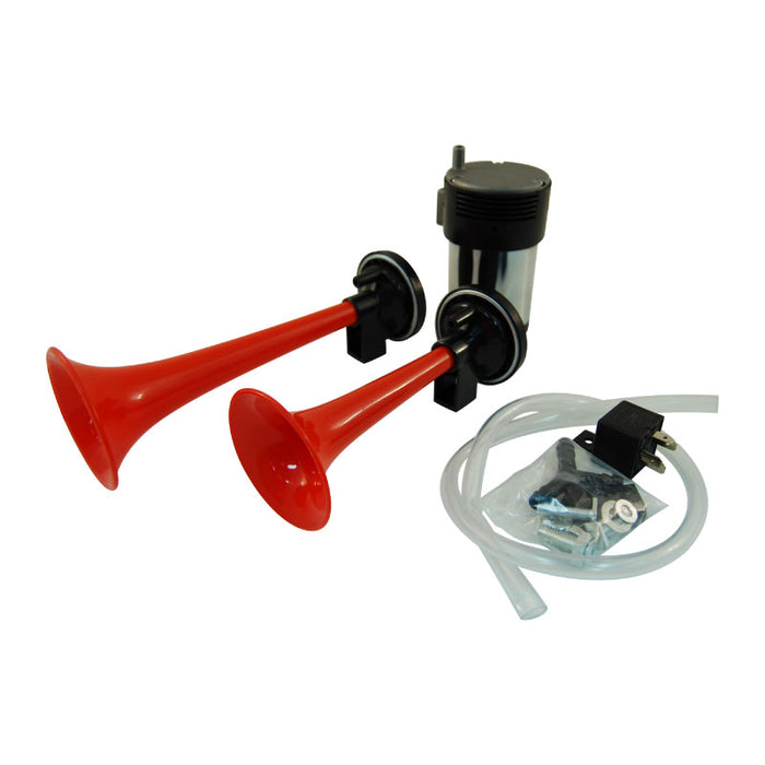 Red 12V Twin Trumpet Air Horn Set With Strong Chrome Compressor