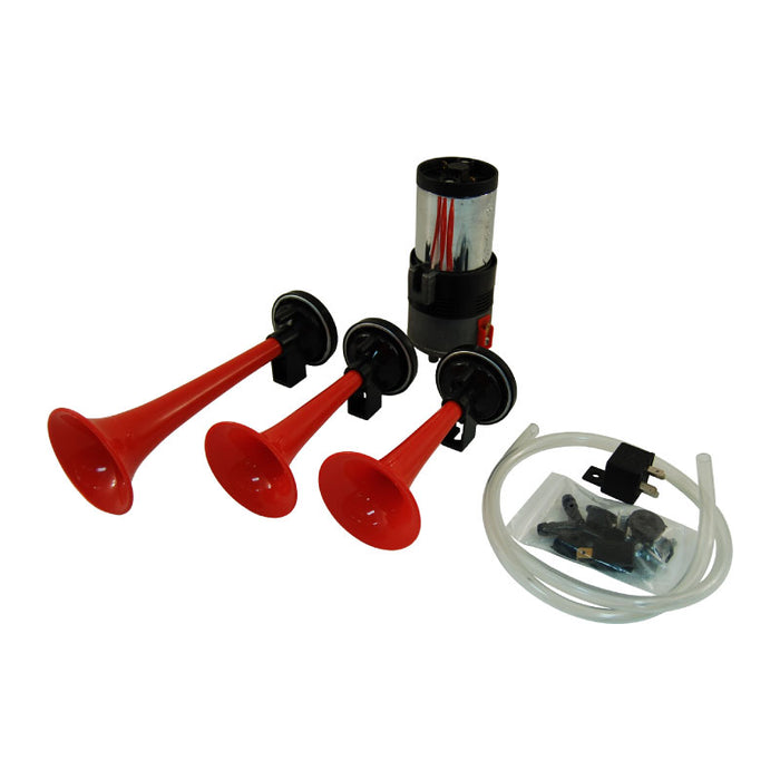 Red 12V Triple Trumpet Alternating Air Horn Set With Strong Chrome Compressor