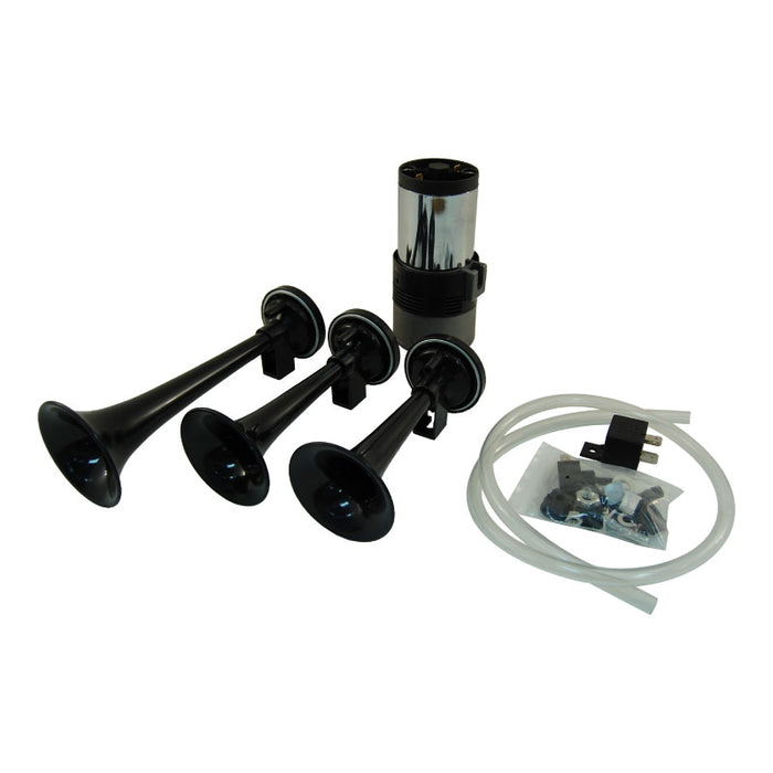 Black 12V Triple Trumpet Alternating Air Horn Set With Strong Chrome Compressor