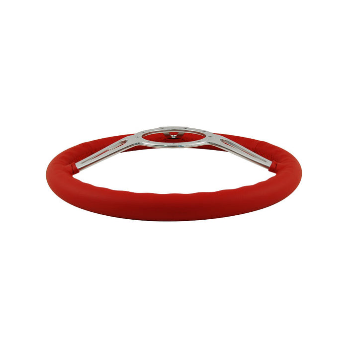 14" Aluminium 9 Bolt Steering Wheel Red Leather Full-Wrap Slotted Spokes