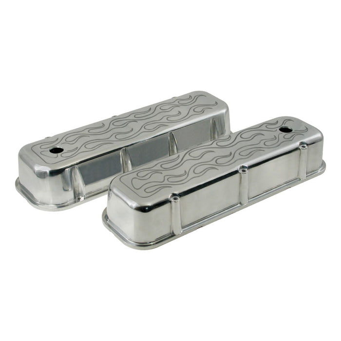 CAL CUSTOM BIG BLOCK CHEV TALL VALVE COVERS POLISHED ALUMINIUM FLAME DESIGN, 396, 427, 454, 502