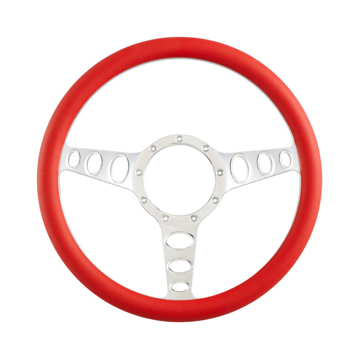 Cal Custom 15.5" Outlaw Billet Aluminium Steering Wheel, Red Leather Half-Wrap