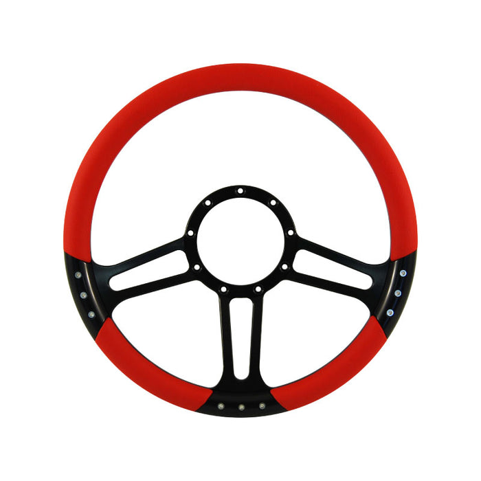 Cal Custom 14" Boost Black Anodised Billet Aluminium Steering Wheel, Red Leather Half-Wrap