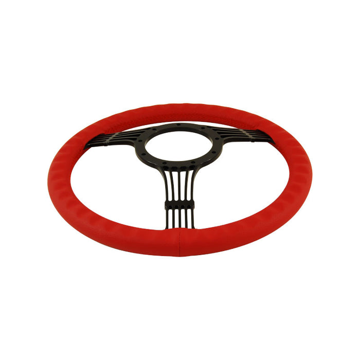 Cal Custom 14" Banjo Black Anodised Billet Aluminium Steering Wheel, Red Leather Full-Wrap